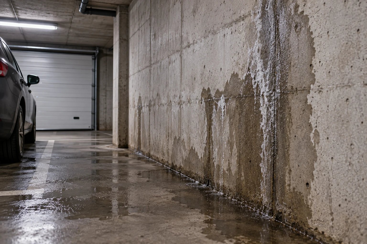 Infiltrazione d'acqua visibile su una struttura interrata in cemento